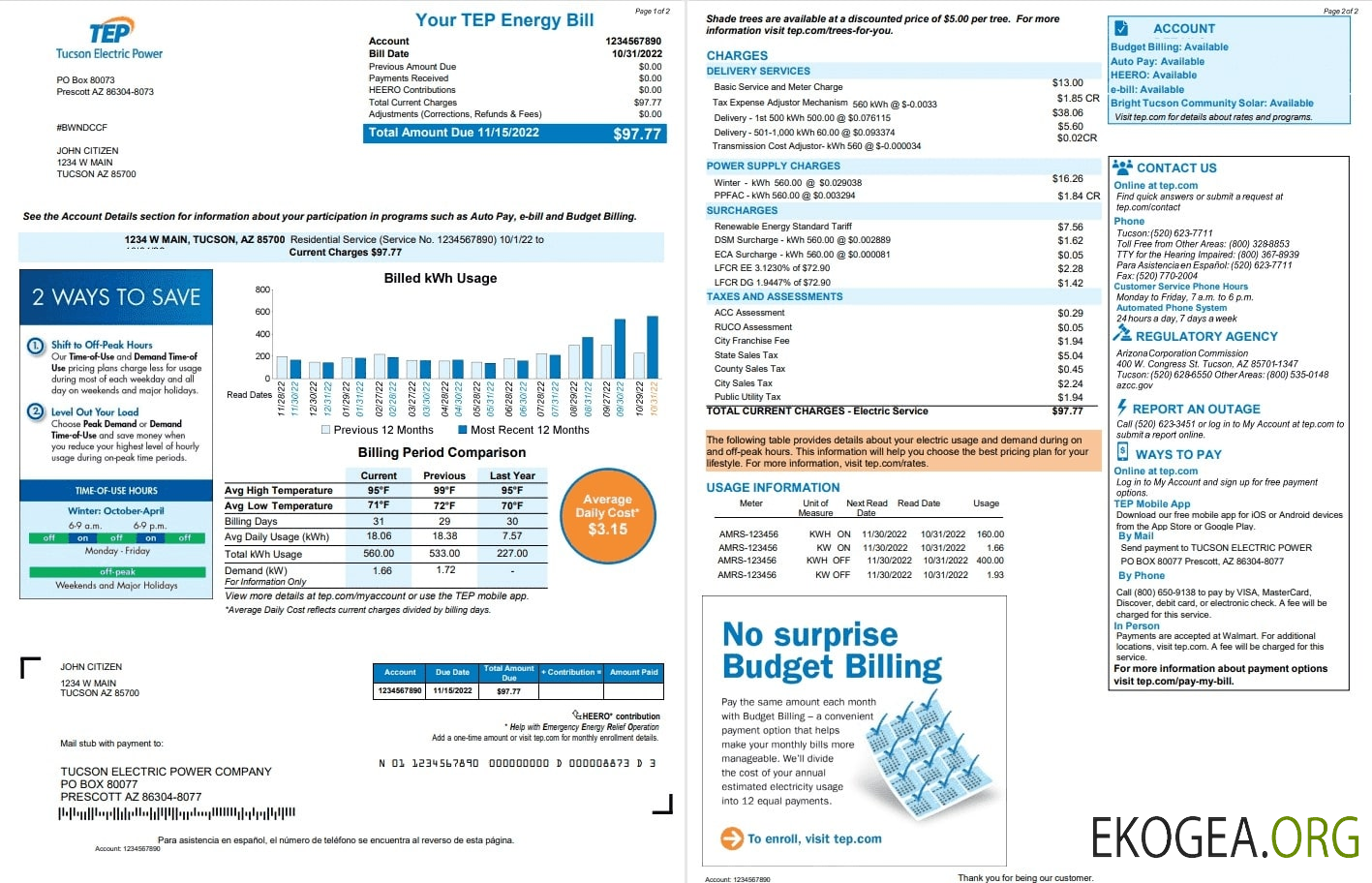 USA Arizona Tucson Electric Power (TEP) utility bill, Word and PDF template, 2 pages